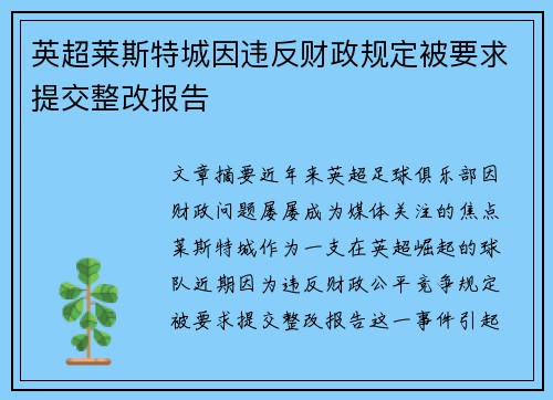 英超莱斯特城因违反财政规定被要求提交整改报告